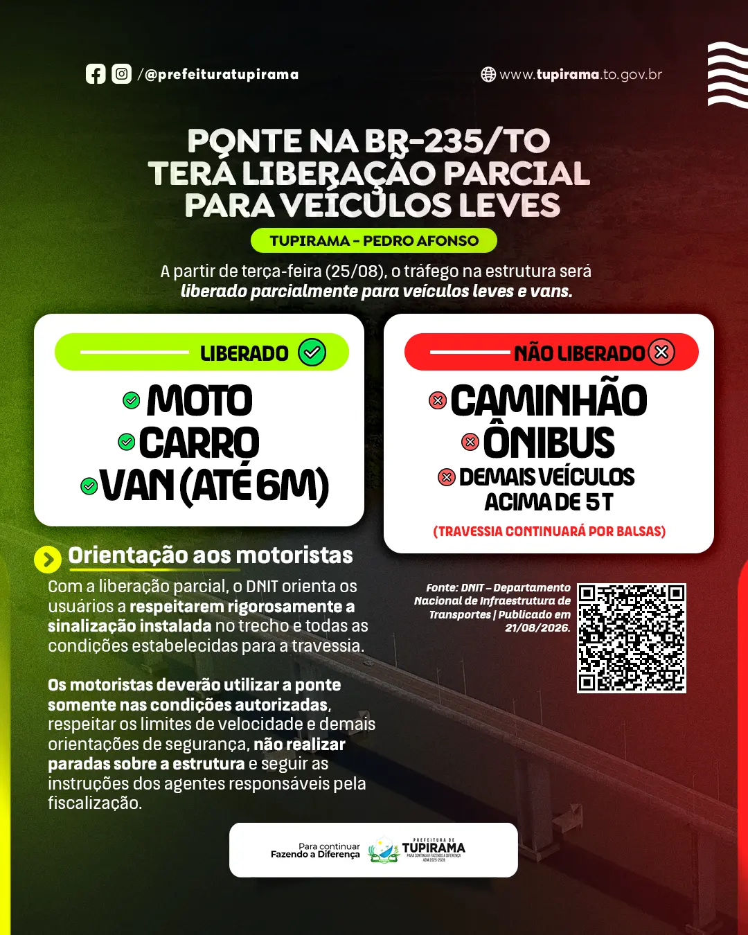 PONTE NA BR-235/TO  TERÁ LIBERAÇÃO PARCIAL  PARA VEÍCULOS LEVES
